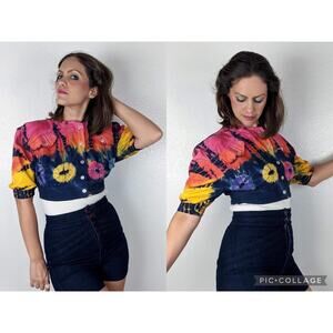 vtg 90s Coral Pink TIE DYE Cropped Denim JACKET Small rainbow colorful festival